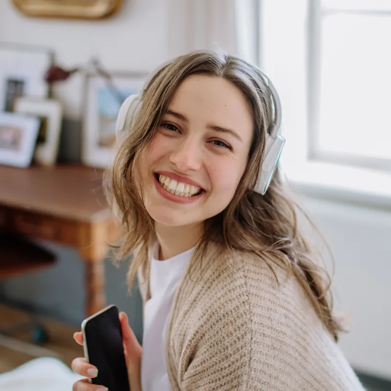 Patient relaxed and smiling at home